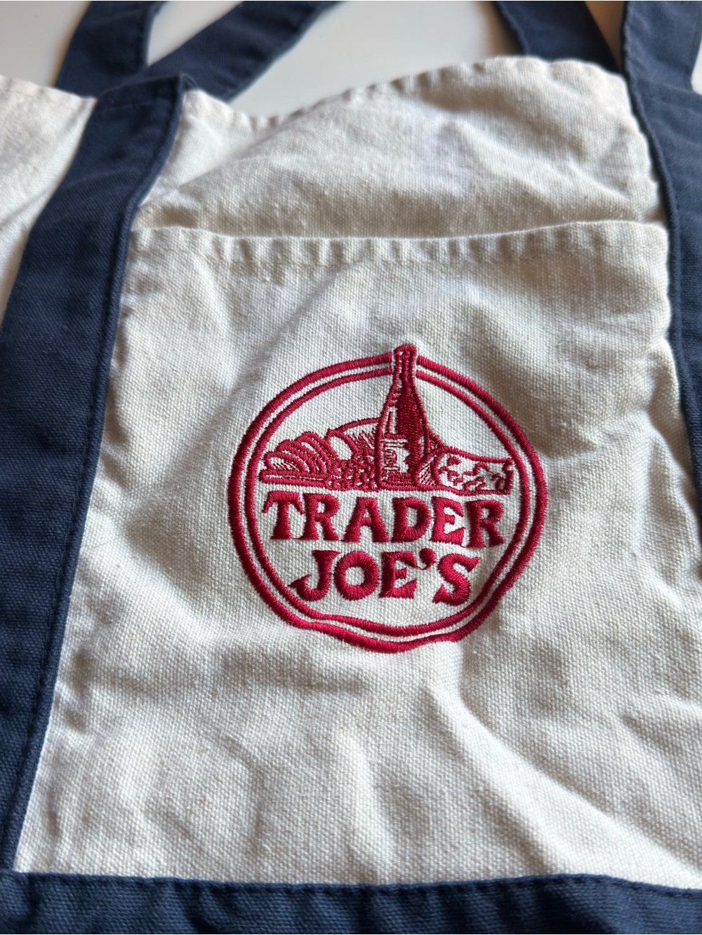 Trader Joe’s Large Canvas Tote Beige Navy with Red Logo Reusable Shopping Bag - Picture 2 of 7